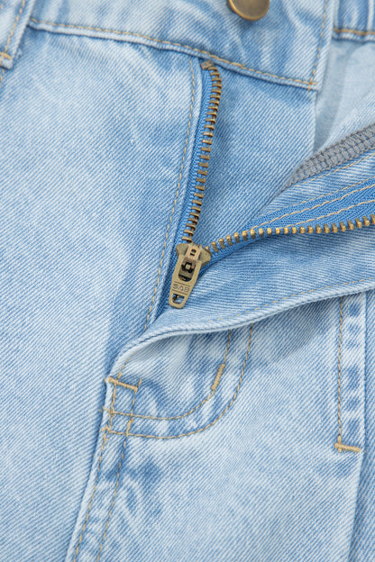 Beau Blue Studded Side Slit Wide Leg Jeans Frayed Pockets