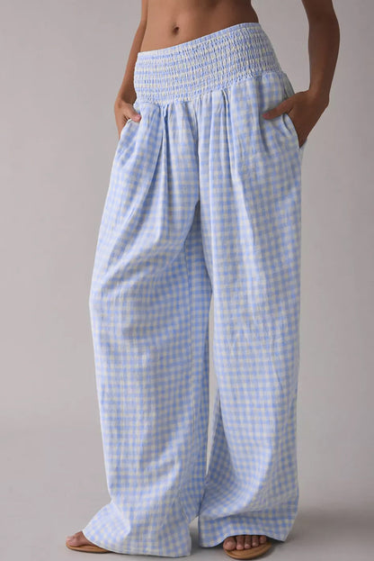 Plaid Smocked High Waist Wide Leg Casual Pants