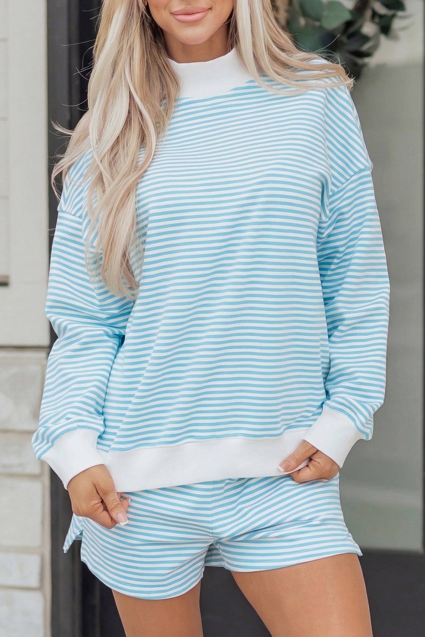 Pink Stripe Oversized Mock Neck Sweatshirt Shorts Set