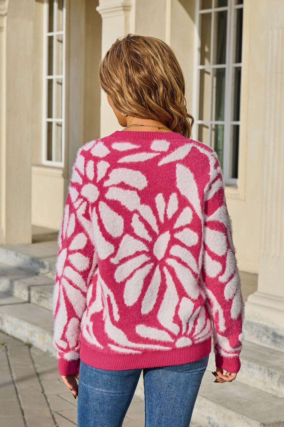 Fuzzy Floral Pullover Sweater – Cozy Knit for Winter