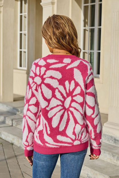 Fuzzy Floral Pullover Sweater – Cozy Knit for Winter