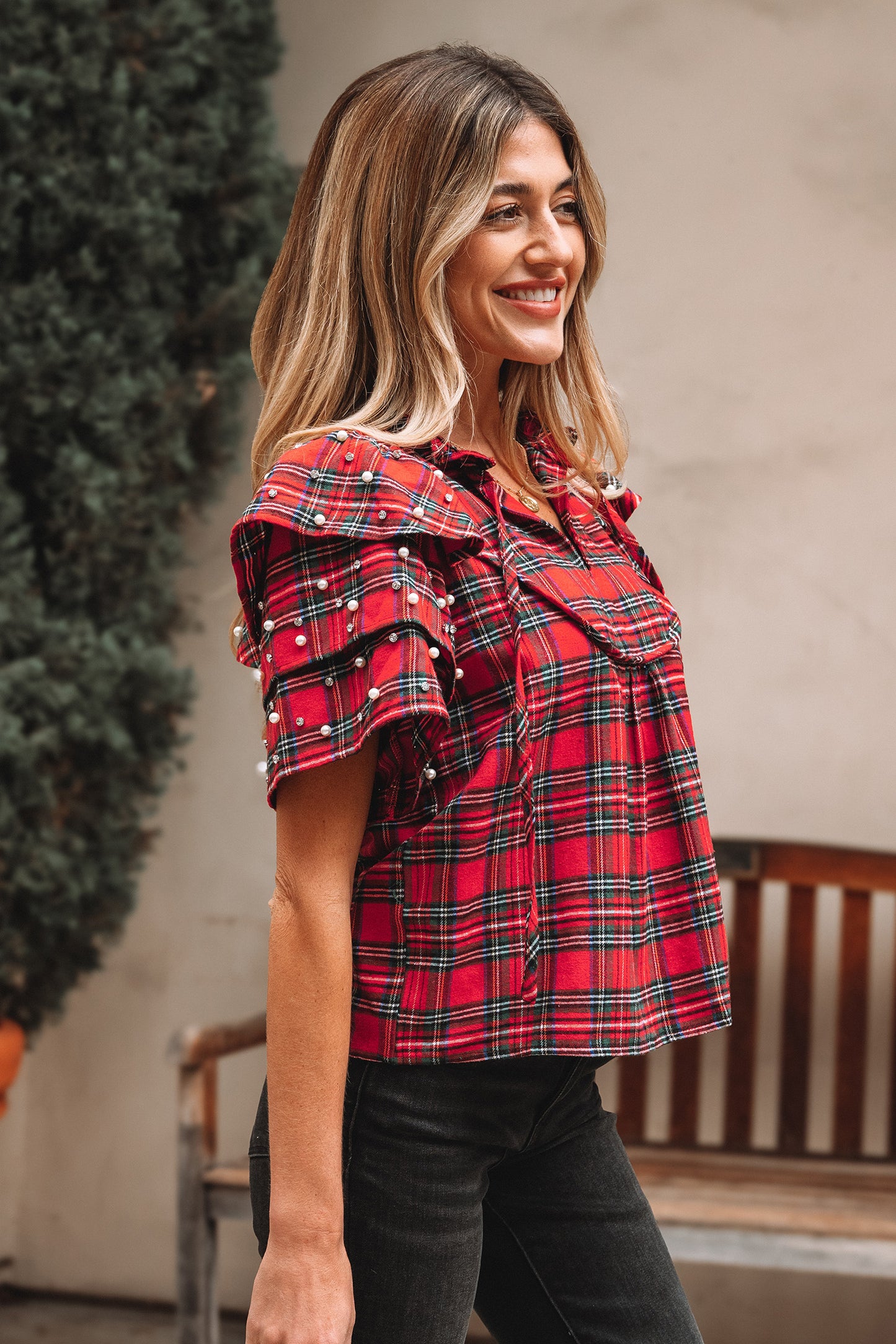 Red Christmas Plaid Pearl Ruffle Short Sleeve Holiday Blouse