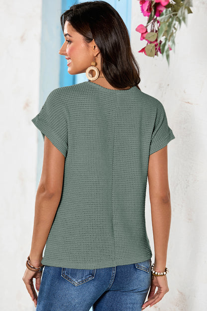 Mist Green Lace Patchwork Waffle Knit Summer Top