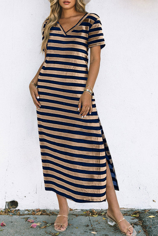 Black Stripe V Neck T Shirt Maxi Dress with Side Slit