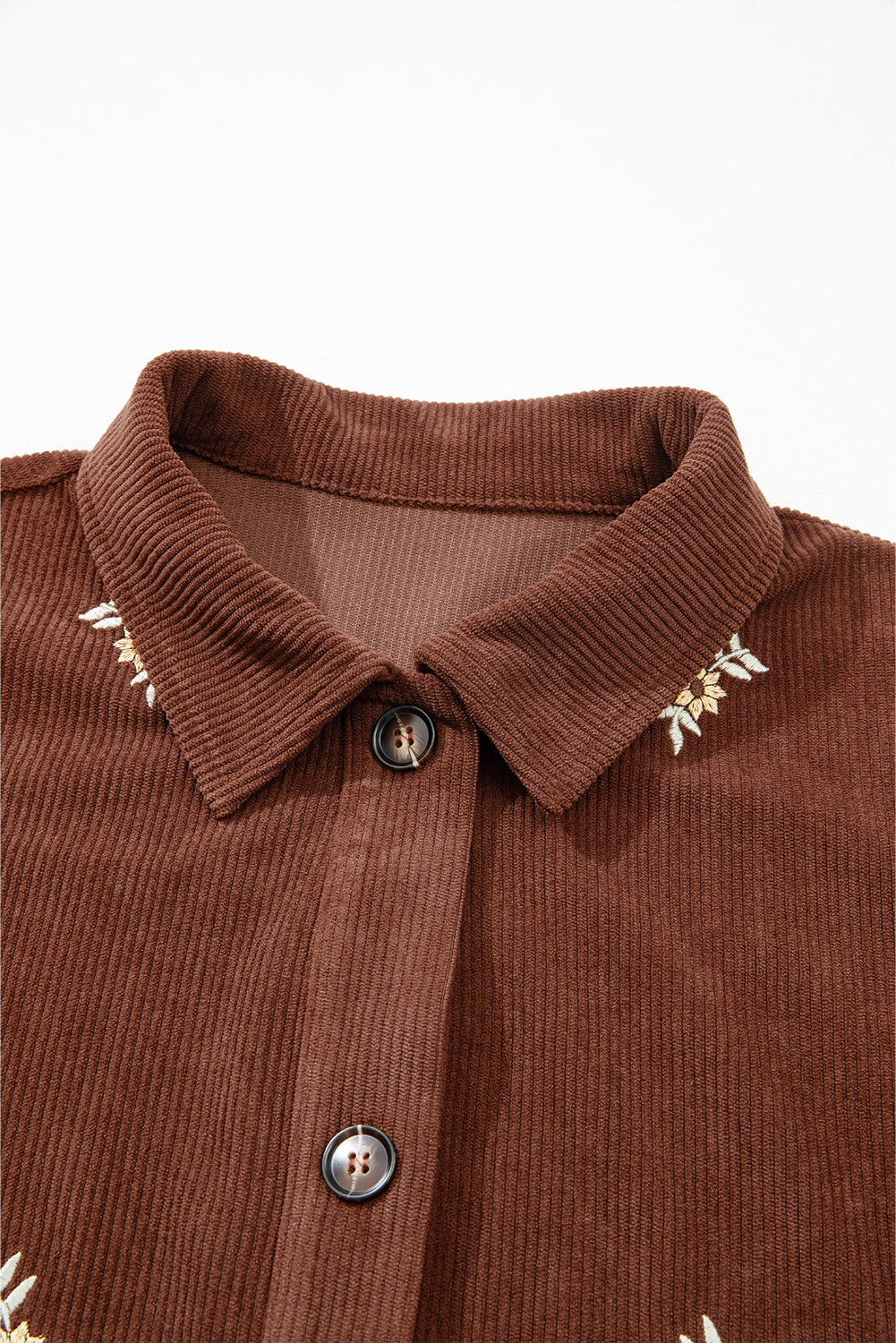 Coffee Corduroy Floral Embroidered Button Front Jacket