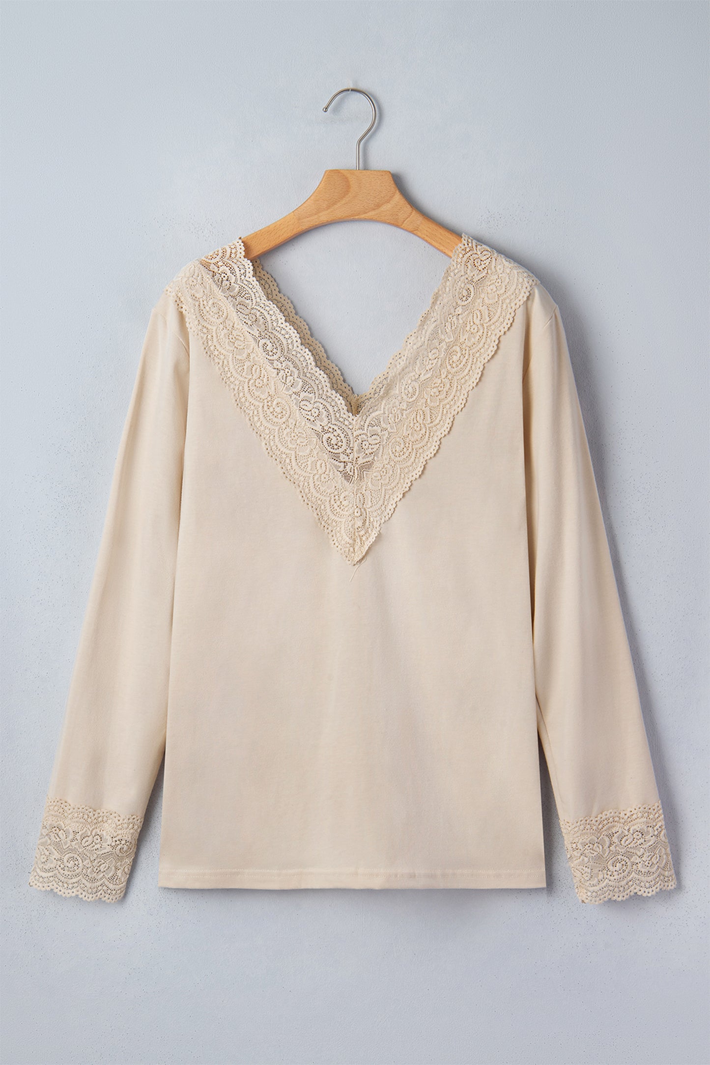 Apricot Lace V Neck Long Sleeve Lace Trim Top Blouse