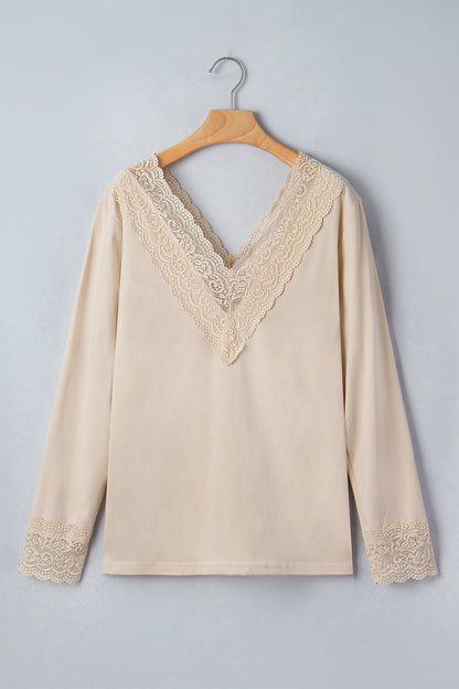 Apricot Lace V Neck Long Sleeve Lace Trim Top Blouse