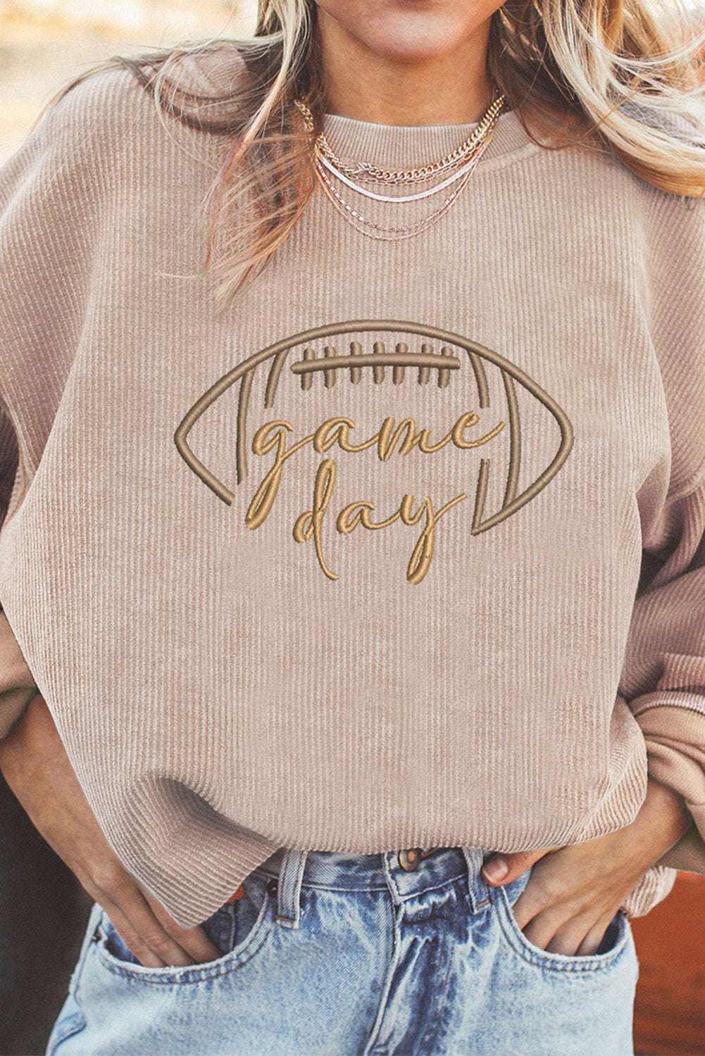 Game Day Oversized Ribbed Sweatshirt with Football Embroidery
