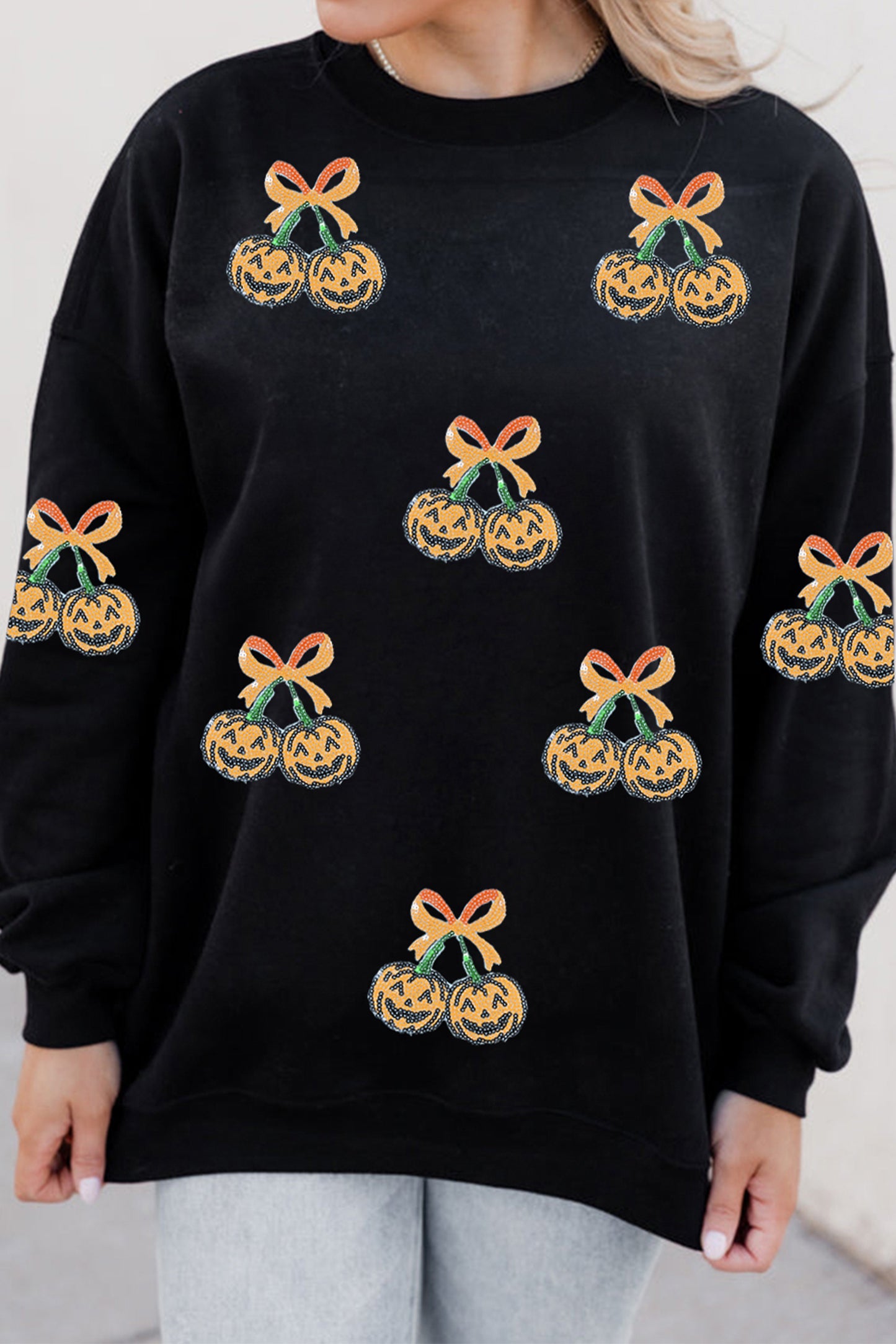 Sequin Pumpkin Bow Halloween Oversized Sweatshirt