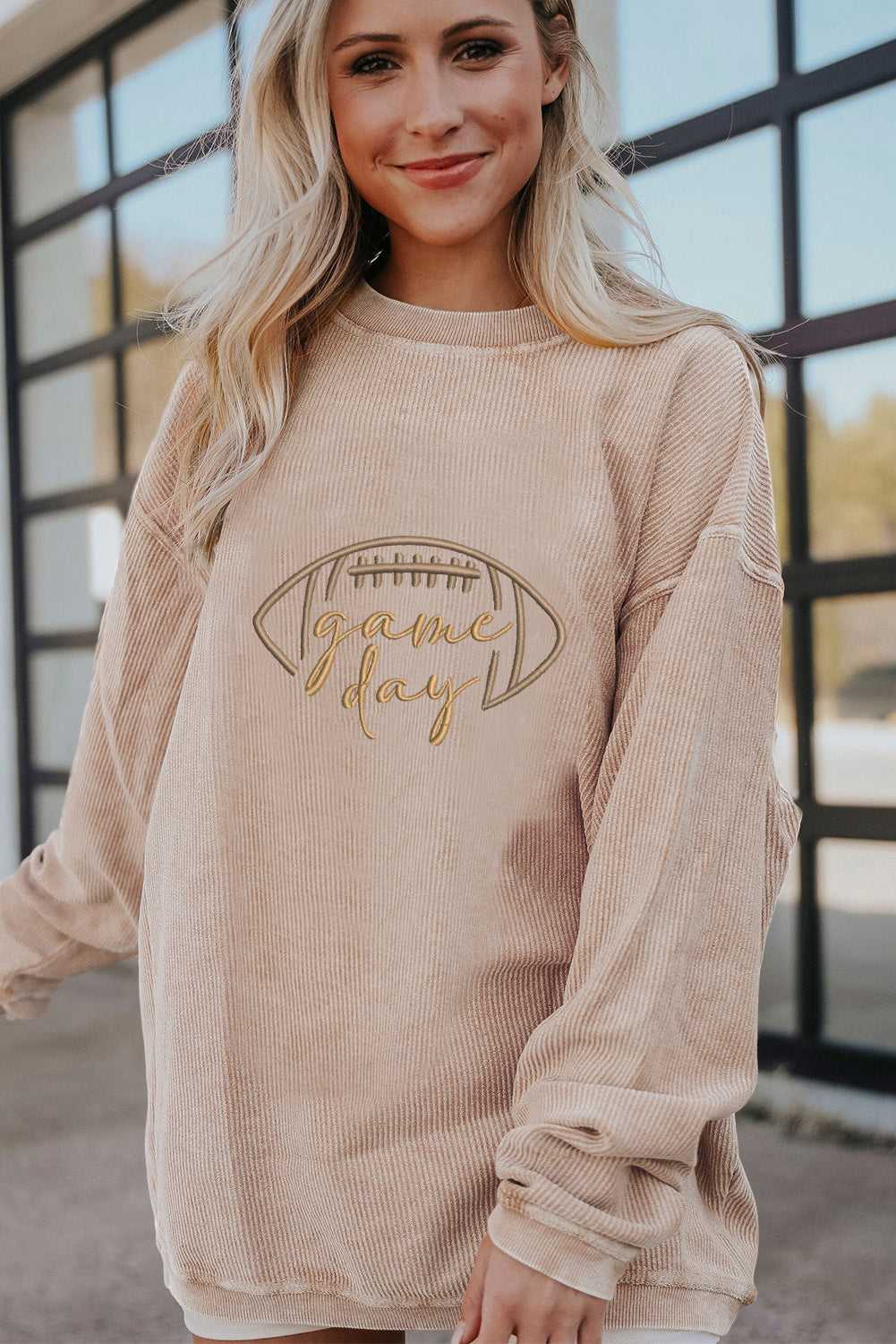 Game Day Oversized Ribbed Sweatshirt with Football Embroidery