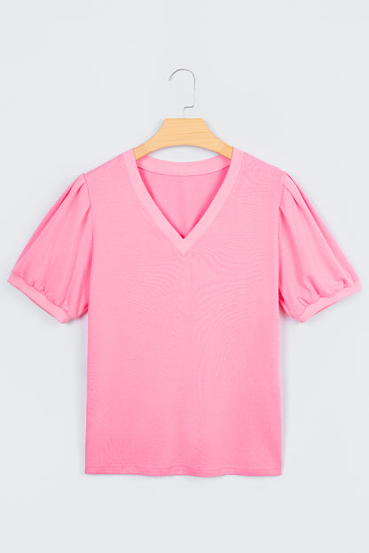 Womens V Neck Puff Sleeve Blouse Lightweight Casual Top