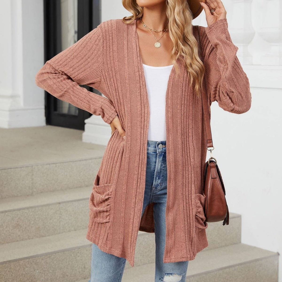 Women's Long Sleeve Ribbed Open Front Cardigan Pockets