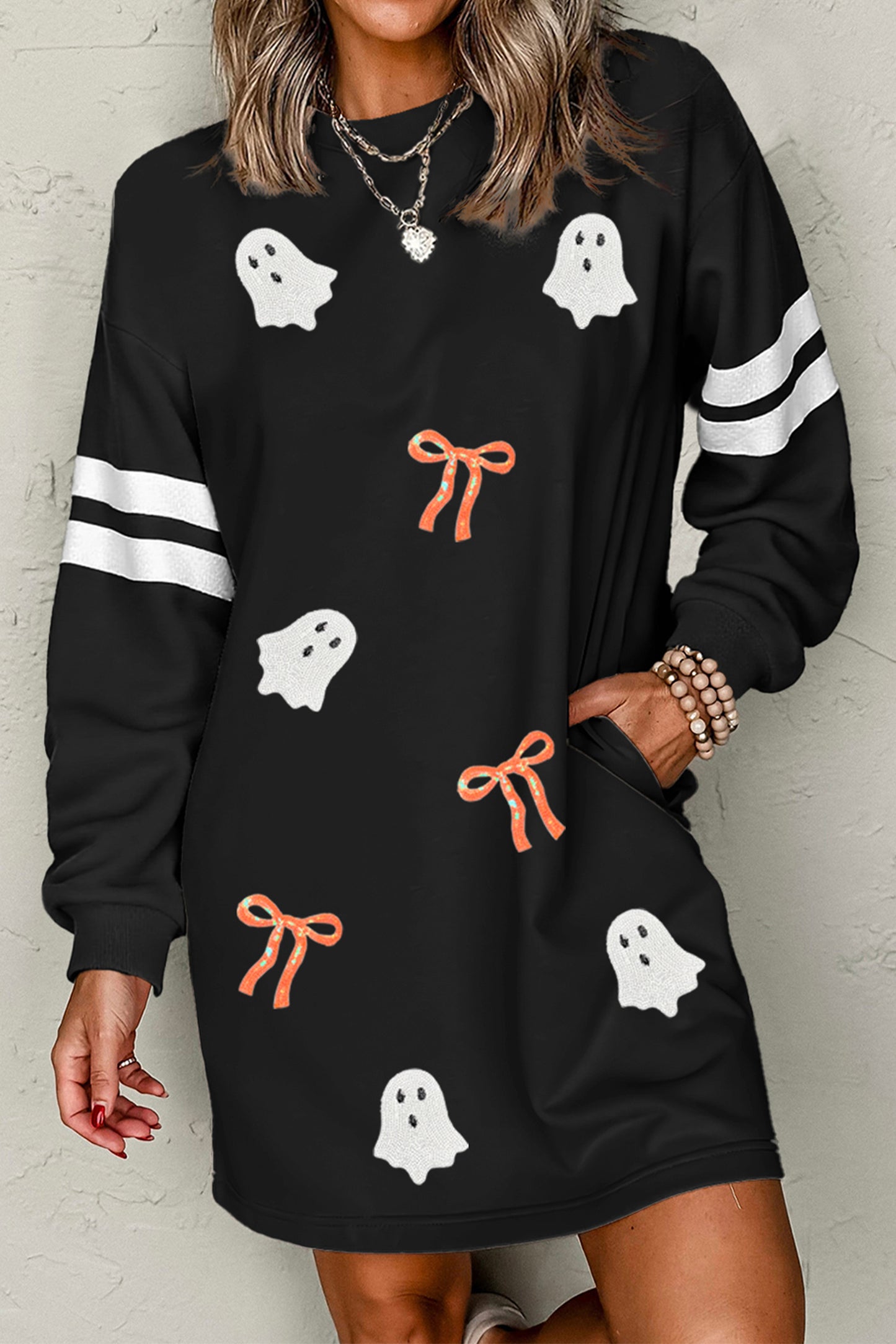 Sequin Ghost Bow Varsity Stripe Halloween Sweatshirt Dress
