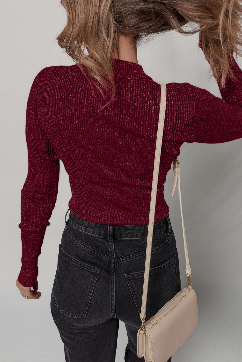 Red Metallic Ribbed Knit Long Sleeve Slim Fit Top