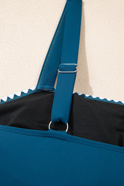 Navy Ricrac Trim Flared Spaghetti Strap Tankini Set