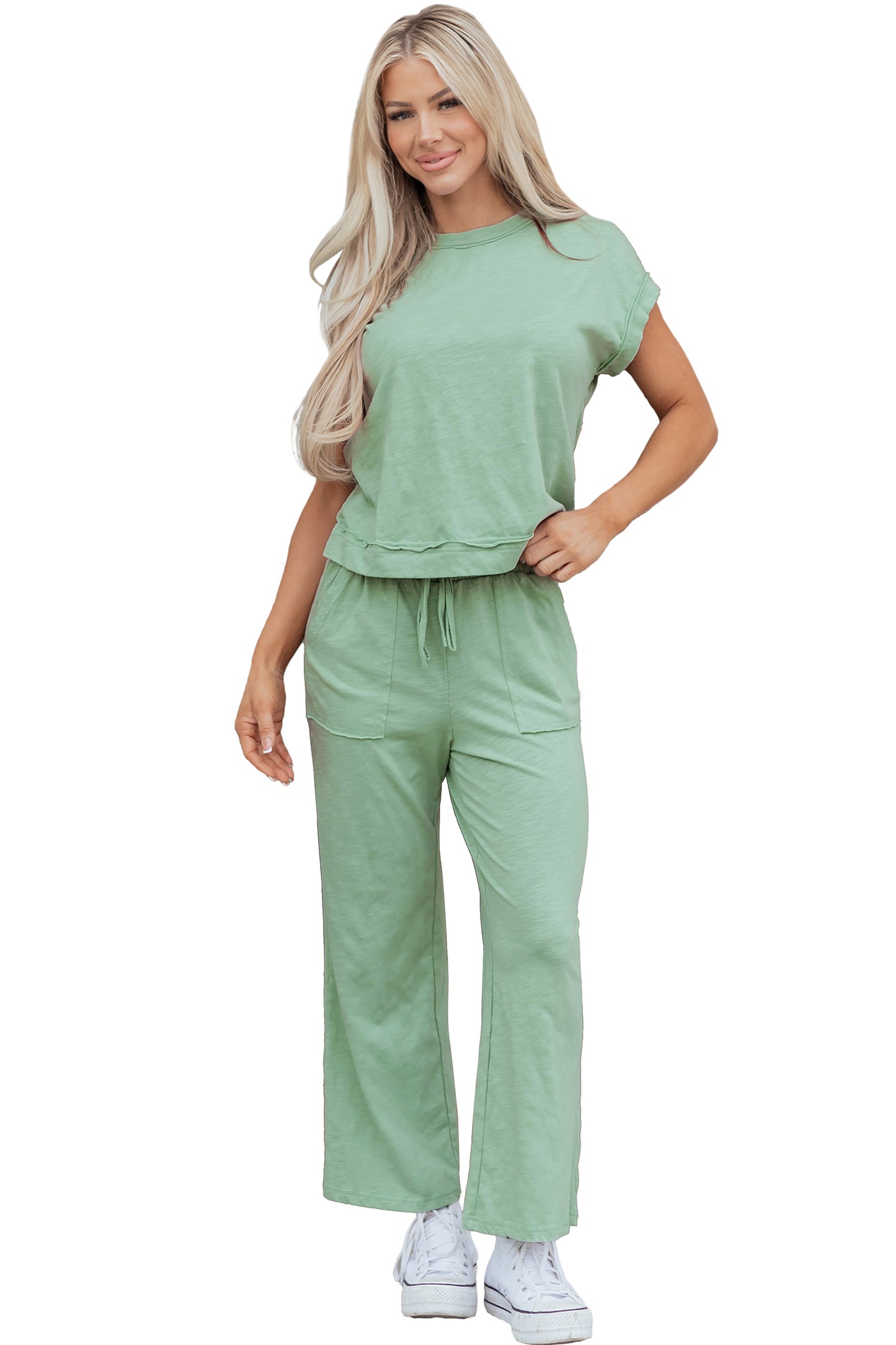 Cuffed Short Sleeve Tee Raw Seam Pocket Drawstring Pants Set