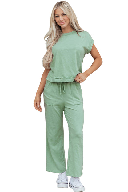 Cuffed Short Sleeve Tee Raw Seam Pocket Drawstring Pants Set