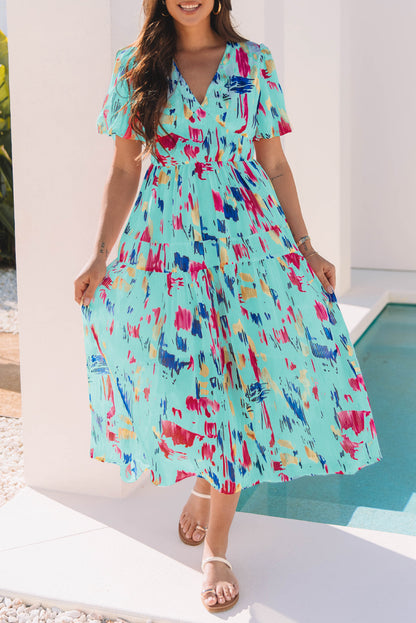 Abstract Print Puff Sleeve V Neck Tiered Maxi Dress