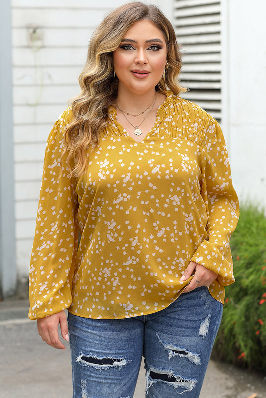 Bright Pink Plus Size Floral Print Ruched Split Neck Blouse