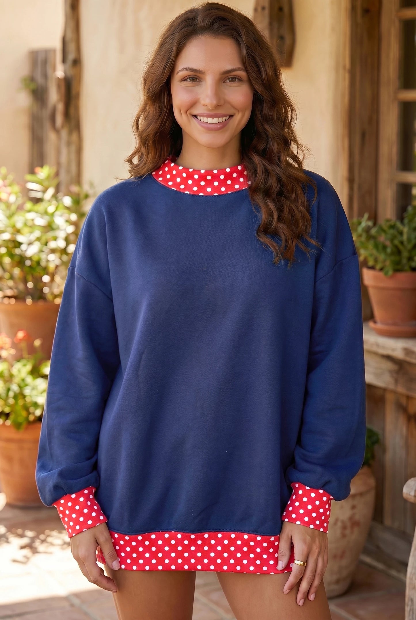 Red Polka Dot Trim Oversized Colorblock Sweatshirt