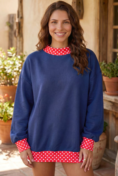Red Polka Dot Trim Oversized Colorblock Sweatshirt