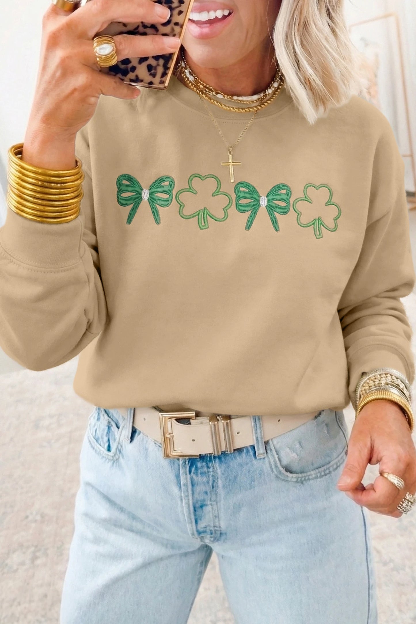 Khaki Embroidered Bow Clover St Patrick’s Crew Sweatshirt