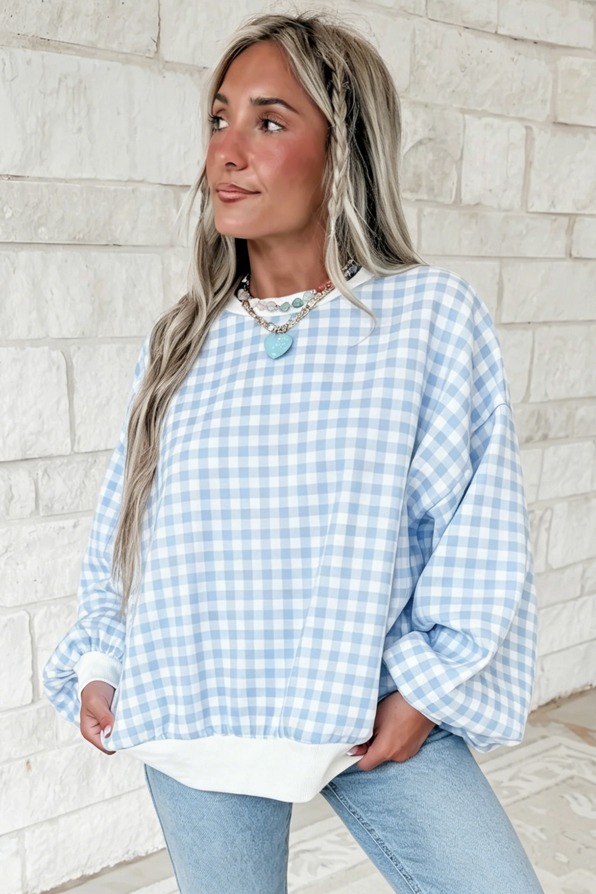 Gingham Plaid Sweatshirt Oversized Puff Sleeve Pullover