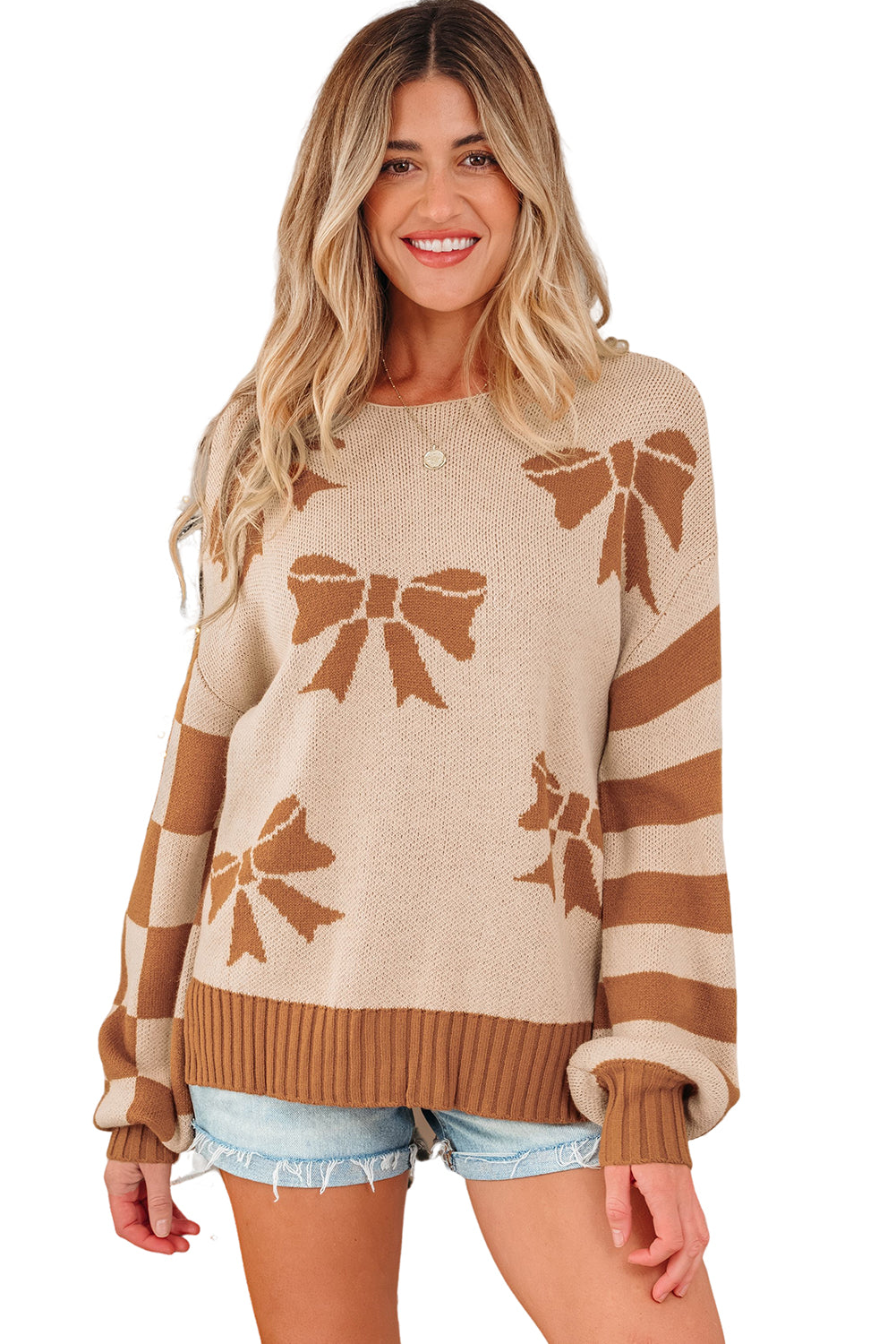 Bow Print Checkered Stripe Sleeve Drop Shoulder Sweater