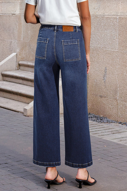 High Waist Wide Leg Denim Jeans with Front Patch Pockets