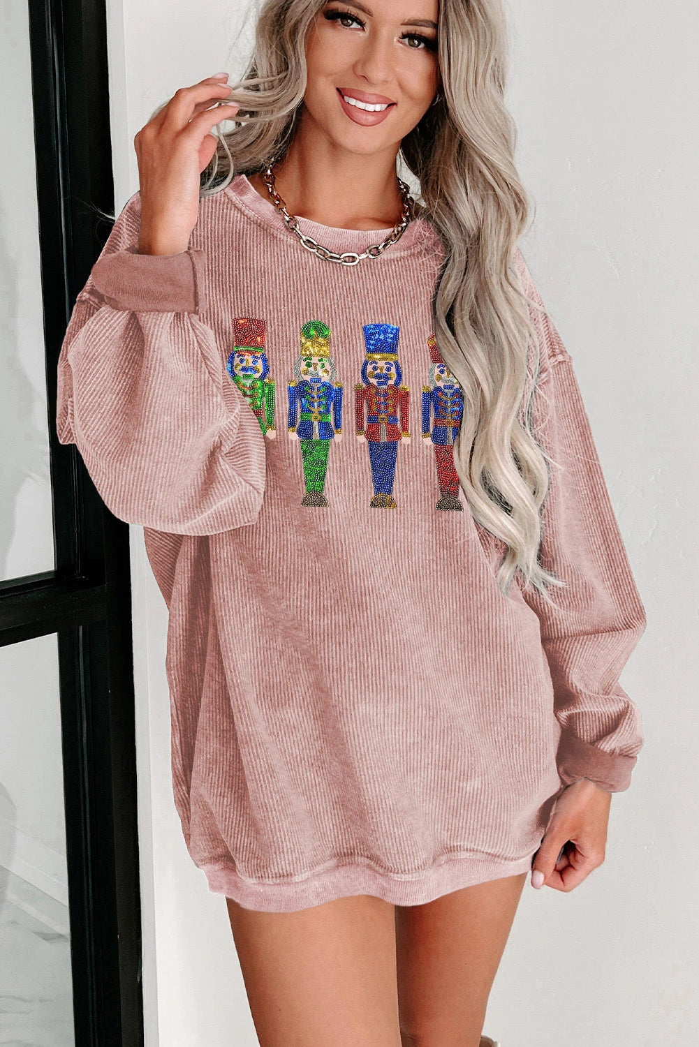 Pink Sequined Doll Corded Baggy Sweatshirt