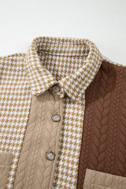 Khaki Houndstooth Color Contrast Textured Patchwork Shacket