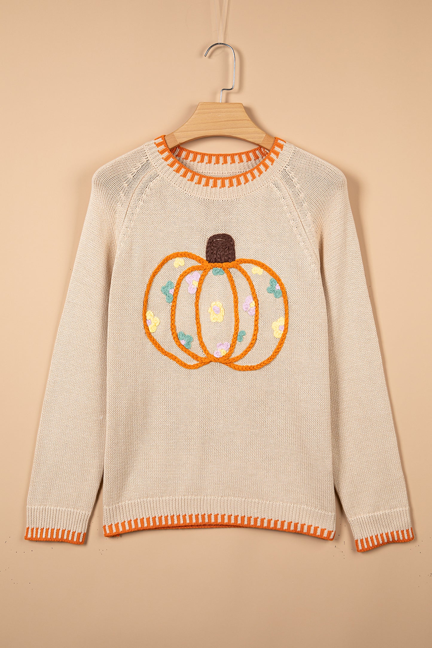 Pumpkin Knit Sweater Autumn Floral Embroidered Relaxed Fit
