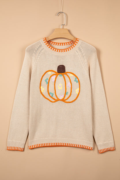 Pumpkin Knit Sweater Autumn Floral Embroidered Relaxed Fit
