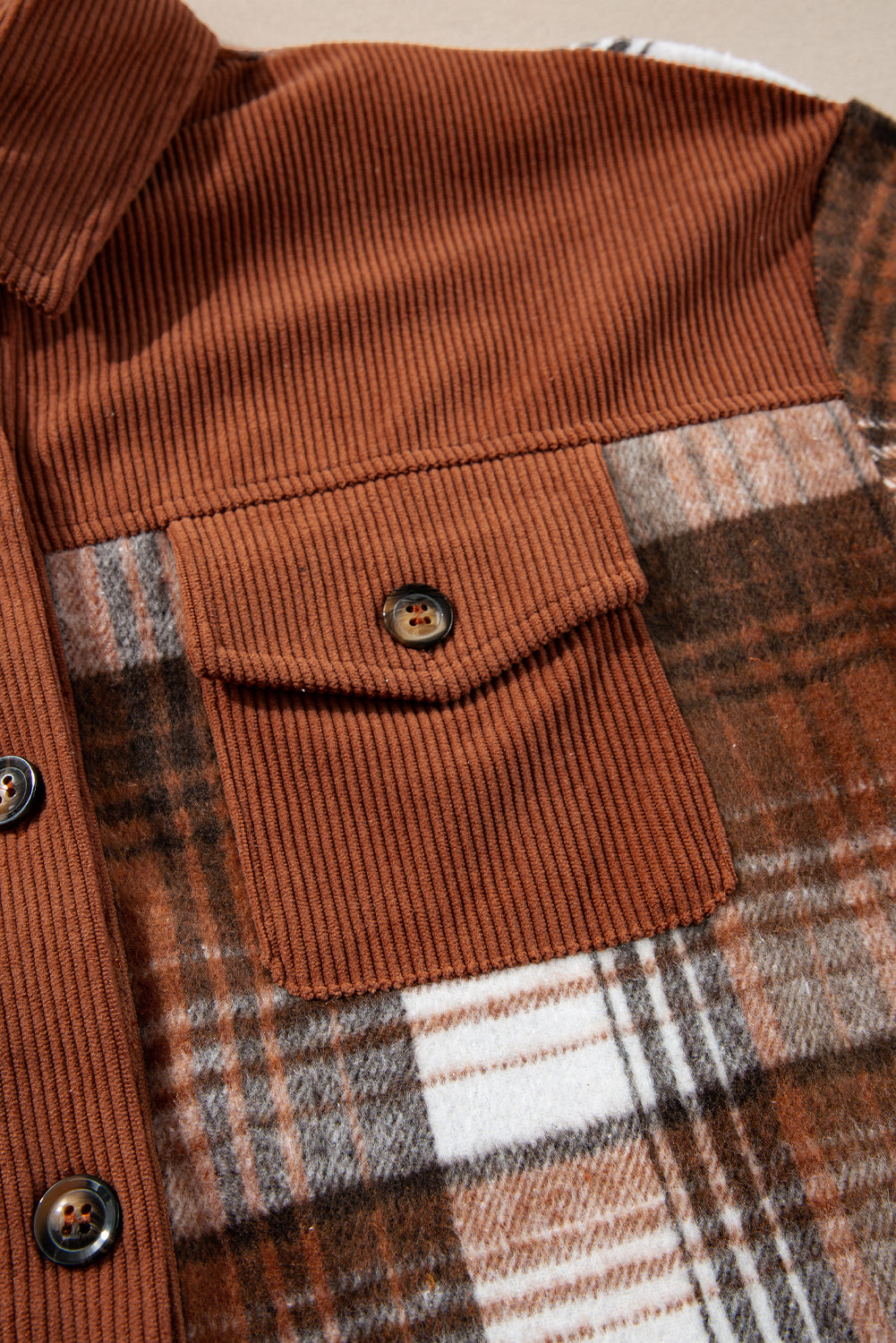 Light Pink Plaid Corduroy Patchwork Pocket Shacket