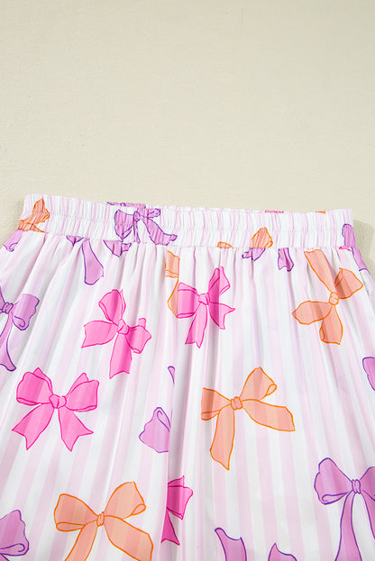 Pink Striped Bow Print Contrast Trim Pajama Set