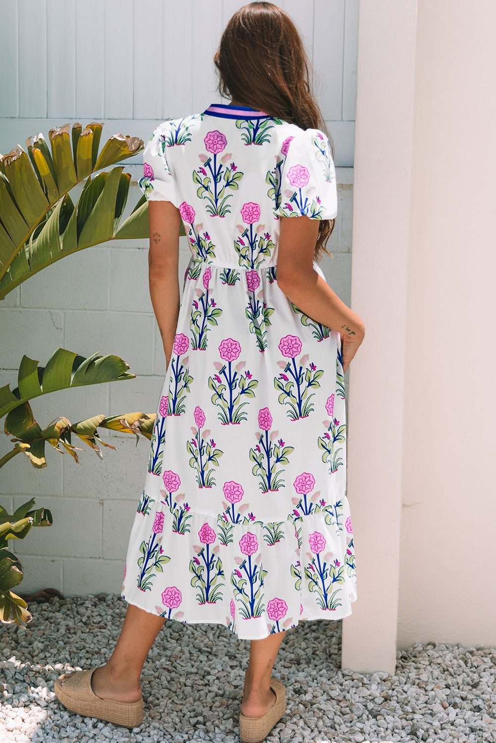White Floral Contrast Trim V Neck Maxi Dress