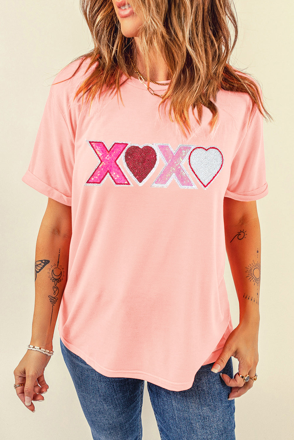Pink XOXO Sequin Heart Graphic Valentines Day T Shirt