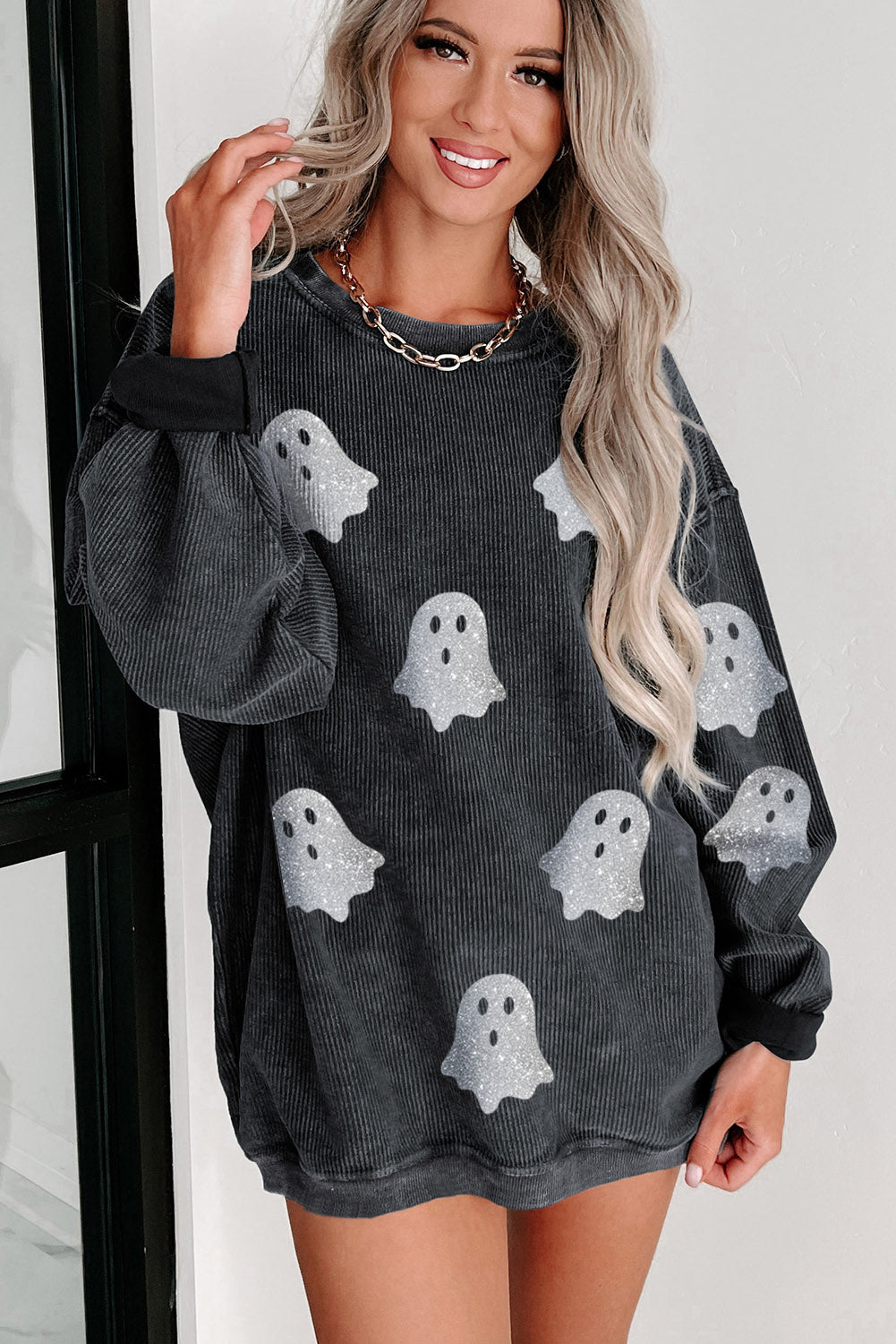 Halloween Ghost Graphic Corded Crewneck Sweatshirt