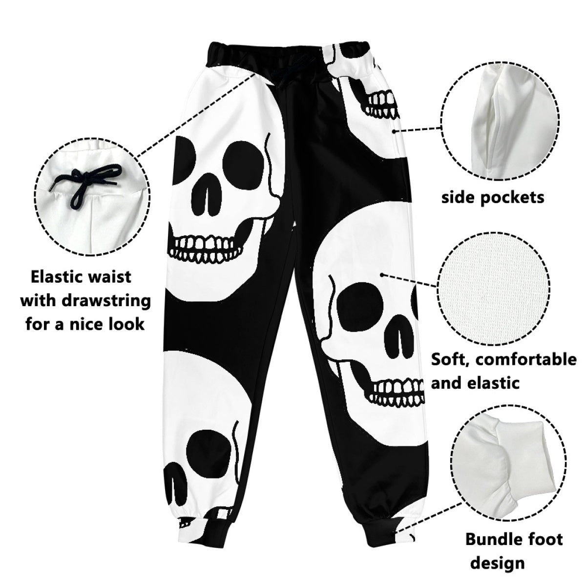 Black Skull Adult Drawstring Pants