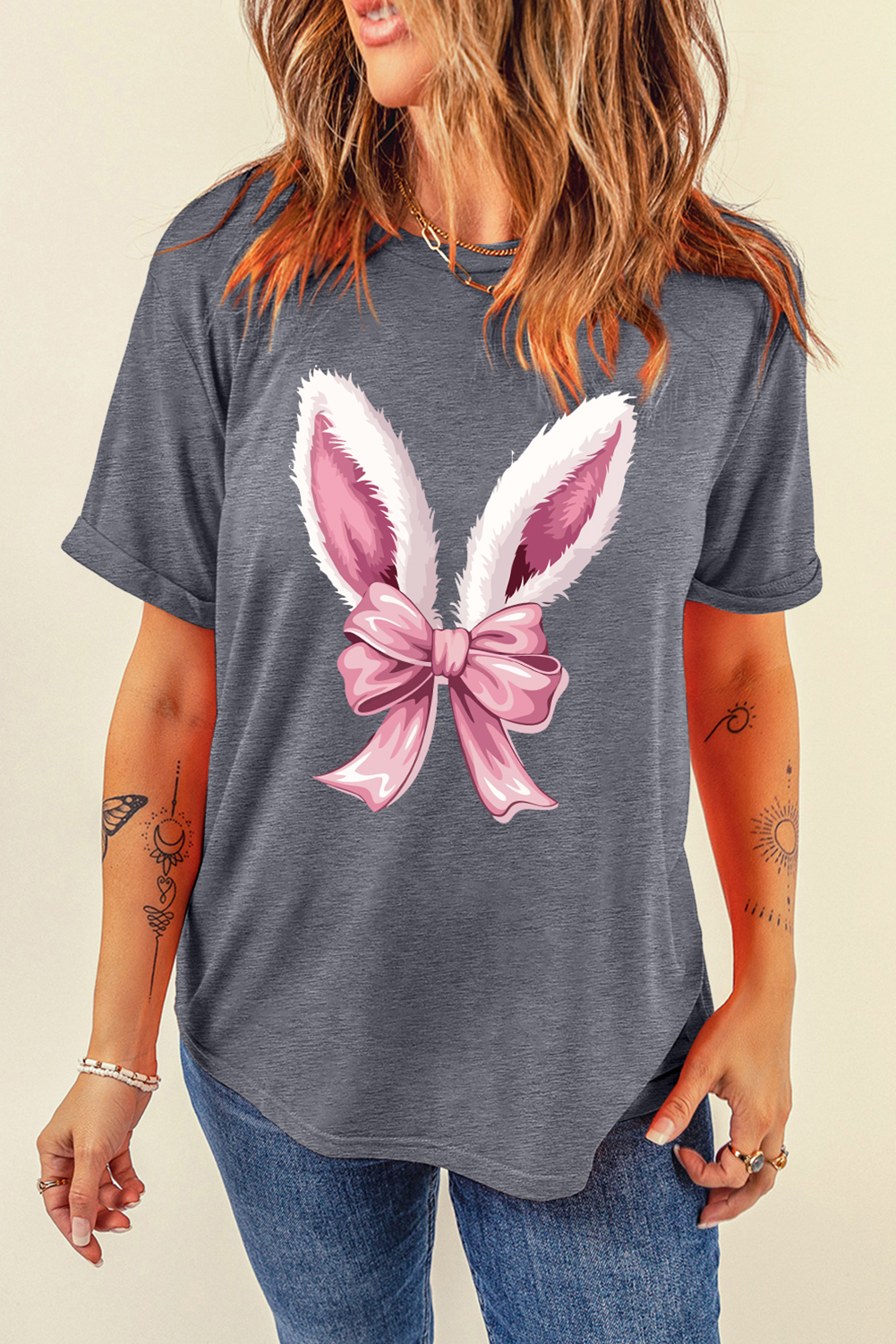 Easter Bunny Ear Bow Graphic Casual Spring T Shirt