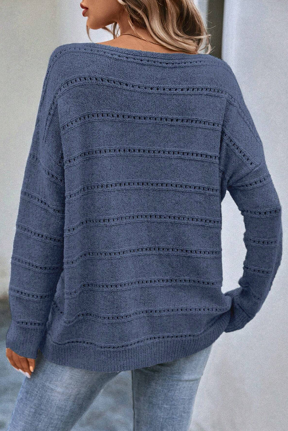 Light Grey Boat Neck Drop Shoulder Pointelle Knit Sweater