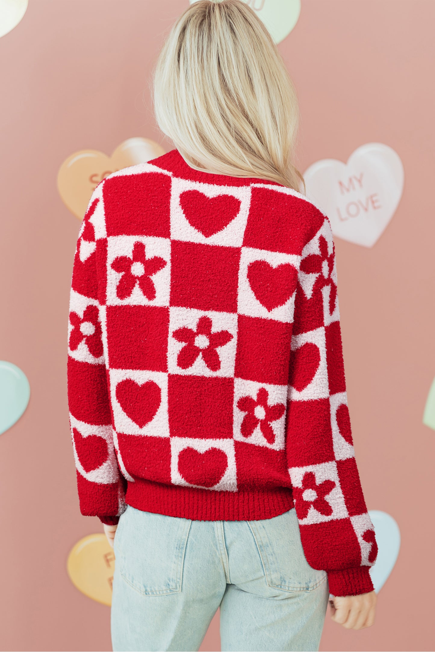 Red Checkered Heart Flower V Neck Knit Sweater for Women