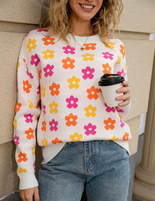 Retro Floral Print Pullover Sweater – Cozy Fall Knit