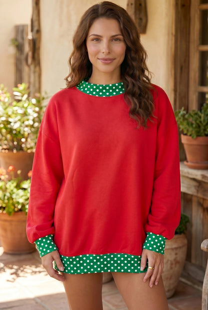 Red Polka Dot Trim Oversized Colorblock Sweatshirt