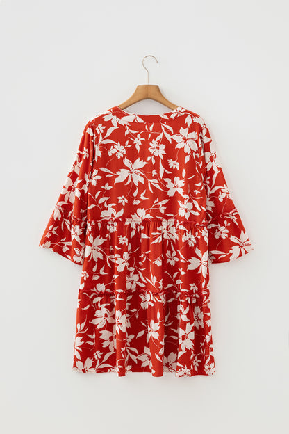 Blue Boho Floral Print Lettuce Trim 3/4 Sleeve Mini Dress