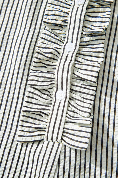 Black Stripe Ruffle Half-Button Short Sleeve Maxi Dress