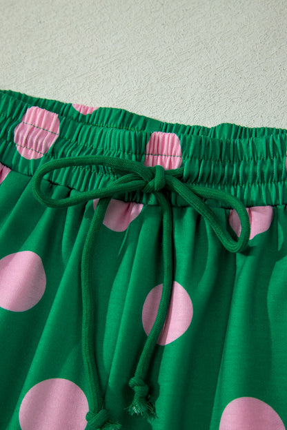 Green Polka Dot Lounge Set V Neck Tee and Shorts
