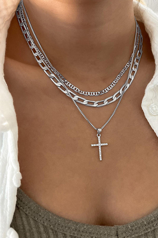 Silver Cross Pendant Layered Chain Necklace Set