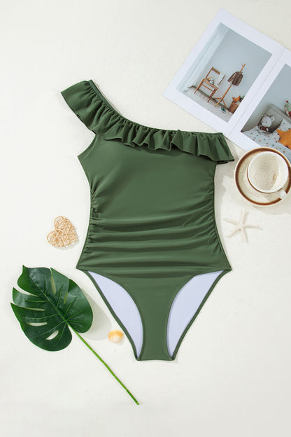 Mist Green Solid Color Ruffle Trim Asymmetric Neck One Piece Swimsuit