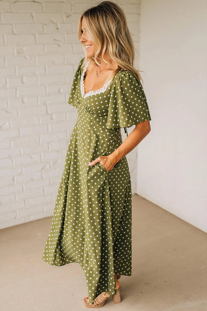 Green Polka Dot Lace Trim Smocked Maxi Dress